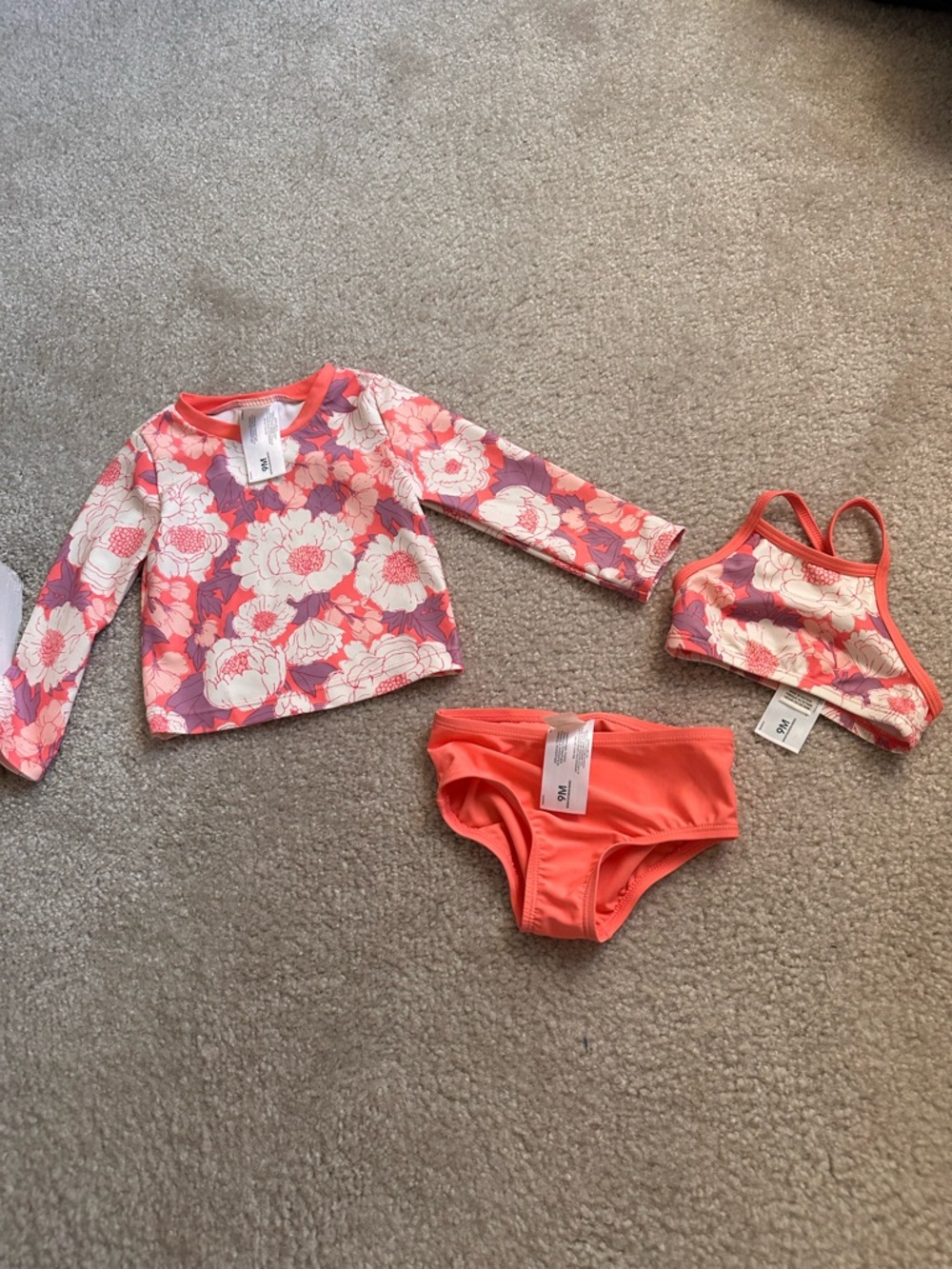 Floral Coral Toddler 3-Piece Swim Set - Rash Guard, Bikini Top & Bottom
